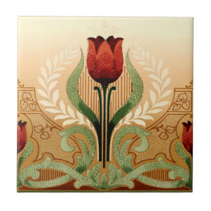 Vintage Mission Style Red Tulip Frieze Ceramic Tile