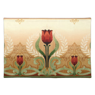 Vintage Mission Style Red Tulip Frieze Cloth Placemat