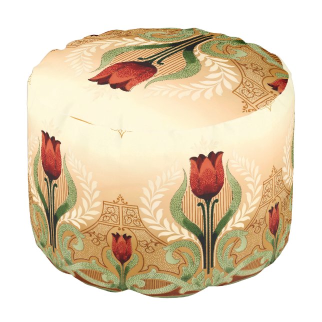 Vintage Mission Style Red Tulip Frieze Pouf (Angled Front)