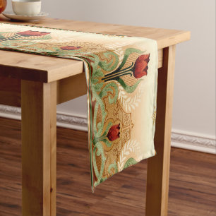 Vintage Mission Style Red Tulip Frieze Short Table Runner