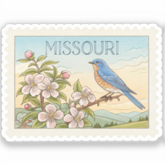Vintage Missouri Bluebird Hawthorn Blossom Stamp Sticker
