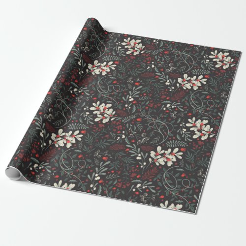 Vintage Mistletoe Holly Leaves Red Berries  Wrapping Paper