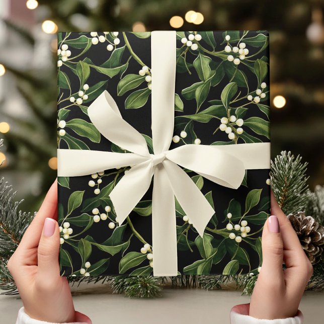 Vintage Mistletoe on Black Christmas  Wrapping Paper (Creator Uploaded)
