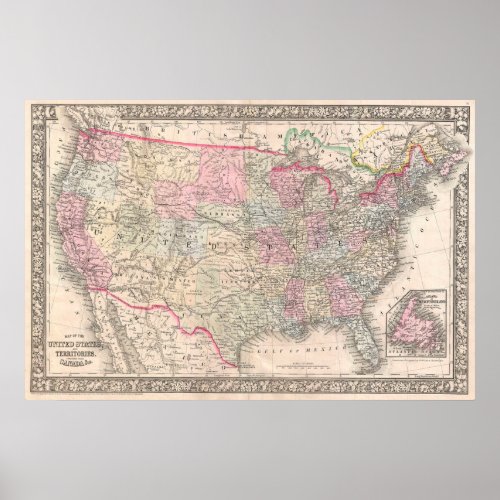 Vintage Mitchell Map of the United States 1866 Poster