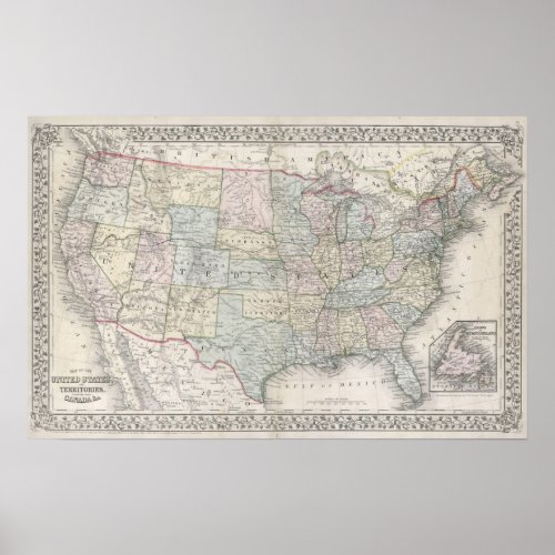 Vintage Mitchell Map of the United States 1867 Poster