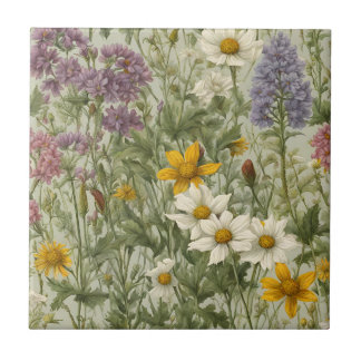 Vintage Mixed Color Blooming Wildflowers Ceramic Tile