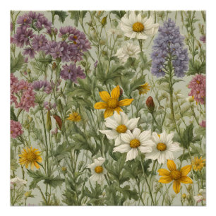 Vintage Mixed Color Blooming Wildflowers Poster