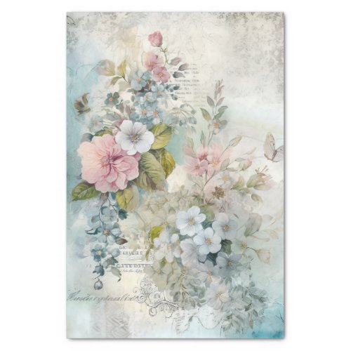 Vintage Mixed Media Blue Pink White Flowers Tissue Paper