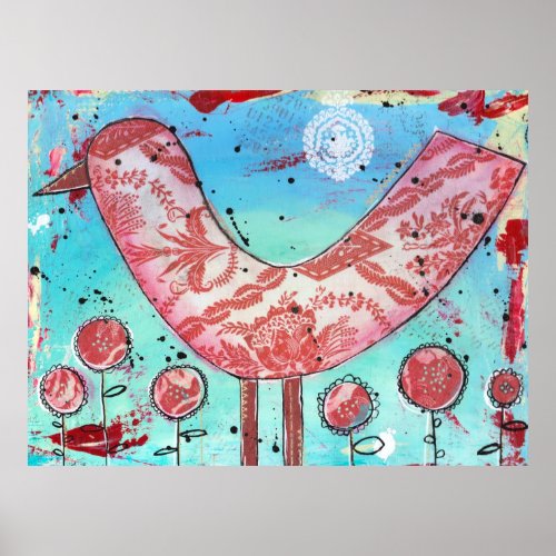 Vintage Mixed Media Fabric Red Bird Print