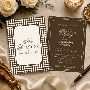 Vintage Mocha Brown Checkered Old Money Wedding Invitation