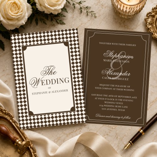Vintage Mocha Brown Checkered Old Money Wedding Invitation