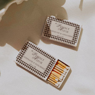 Vintage Mocha Brown Checkered Old Money Wedding Matchboxes