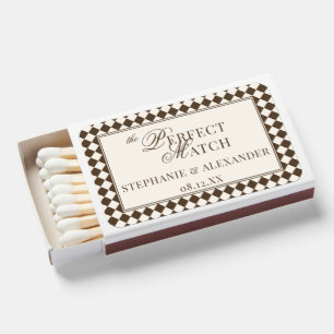Vintage Mocha Brown Checkered Old Money Wedding Matchboxes