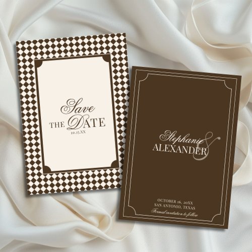 Vintage Mocha Brown Checkered Old Money Wedding Save The Date