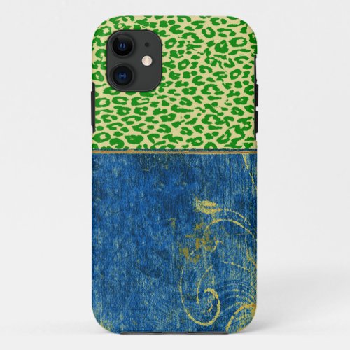 Vintage mod floral with green leopard print skin iPhone 11 case