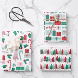 Vintage Mod Trees & Presents Holiday Wrapping Paper Sheets