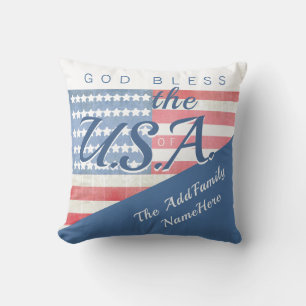 Vintage Modern American USA Family Name Patriotic Throw Pillow