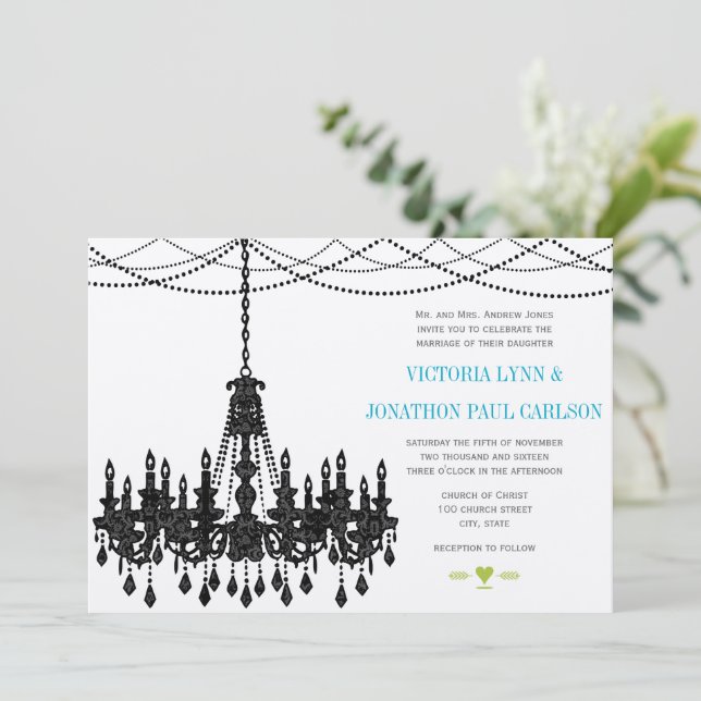 Vintage Modern Aqua Chandelier Wedding Invitations (Standing Front)