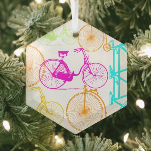 Vintage Modern Bicycle Bright Color Neon Pattern Glass Ornament