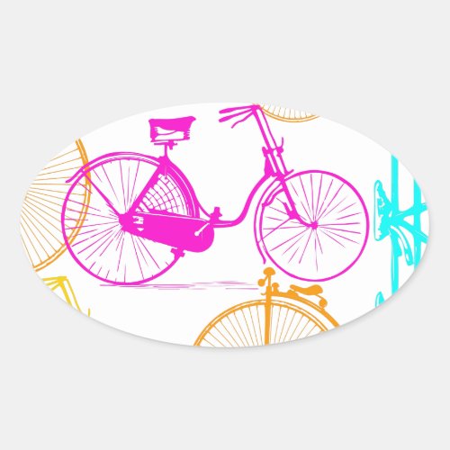 Vintage Modern Bicycle Bright Color Neon Pattern Oval Sticker