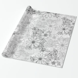 Vintage modern black white silver floral marble wrapping paper