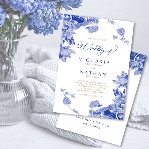 Vintage Modern Blue Chinoiserie Floral Wedding  Invitation