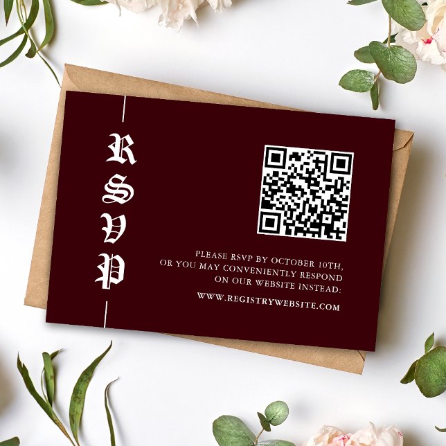 Vintage Modern Burgundy QR Code Wedding RSVP Card (Creator Uploaded)