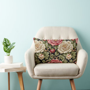 Vintage Modern Cabbage Roses on Black Lumbar Pillow