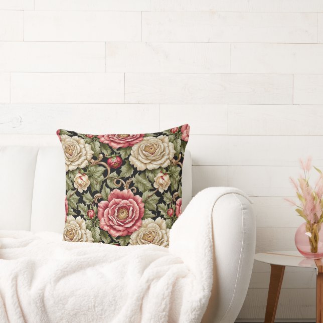 Vintage Modern Cabbage Roses on Black Throw Pillow (Couch)