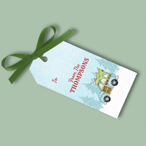 Vintage Modern Christmas Tree Cute Blue Car  Gift Tags