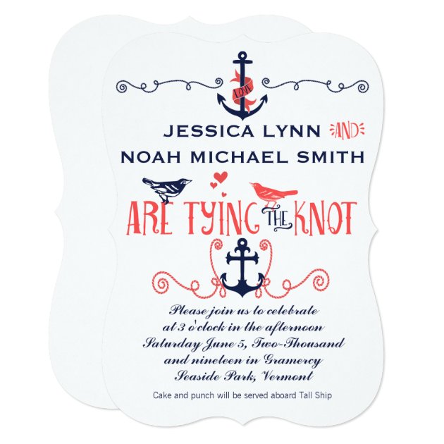 Vintage Modern Coral Bird Navy Nautical Wedding Invitation