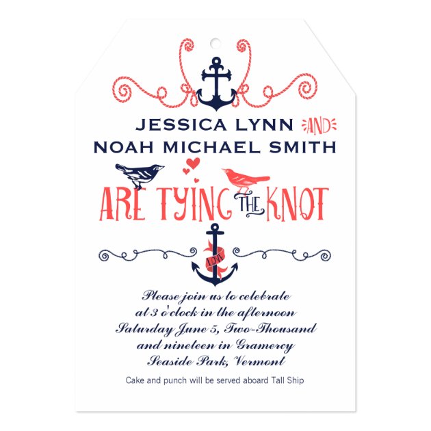 Vintage Modern Coral Bird Navy Nautical Wedding Invitation