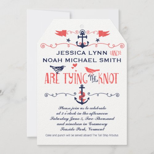 Vintage Modern Coral Bird Navy Nautical Wedding Invitation