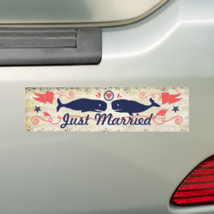 Vintage Modern Coral Navy Whales Nautical Wedding Bumper Sticker
