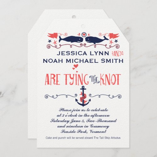 Vintage Modern Coral Whales Navy Nautical Wedding Invitation