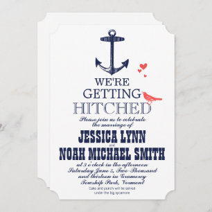 Vintage Modern Cute Coral Bird Navy Anchor Invitation