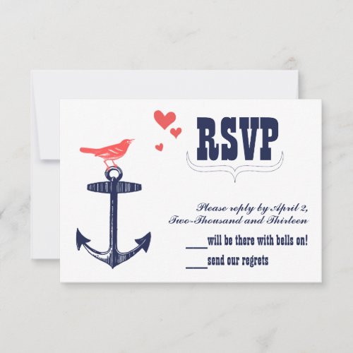 Vintage Modern Cute Coral Bird Navy Anchor RSVP