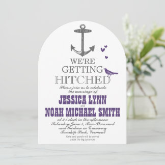 Vintage Modern Cute Purple Bird Gray Anchor Invitation