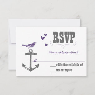 Vintage Modern Cute Purple Bird Gray Anchor RSVP Card