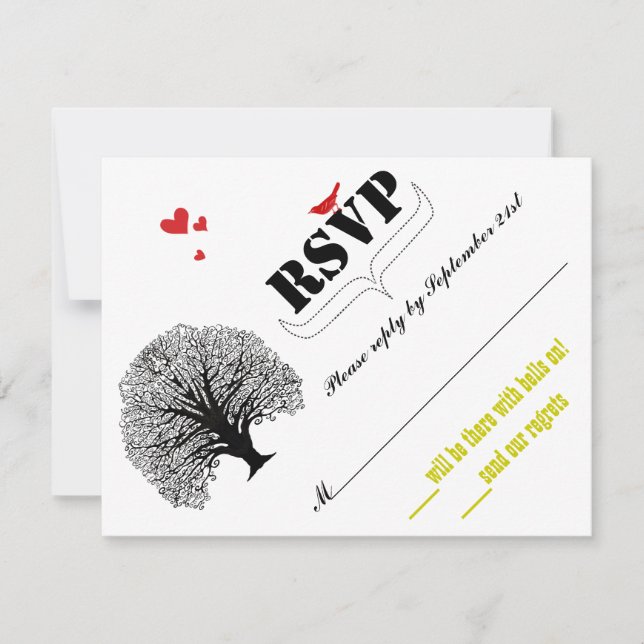 Vintage Modern Cute Swirl Tree Wedding RSVP (Front)