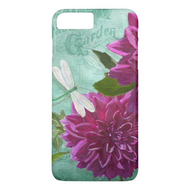 Vintage Modern Dragonfly w Purple Dahlia Flowers Case-Mate iPhone Case (Back)