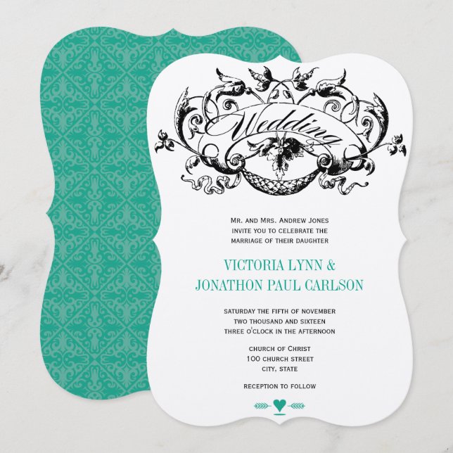 Vintage Modern Emerald Wedding Invitations (Front/Back)