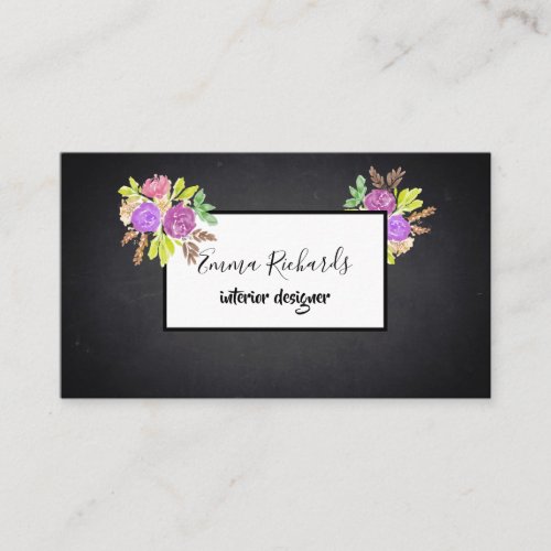 Vintage Modern Floral Chalkboard Interior Designer Business Card
