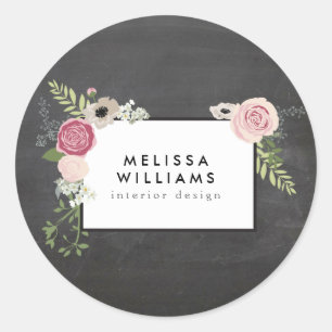 Vintage Modern Floral Motif on Chalkboard Classic Round Sticker