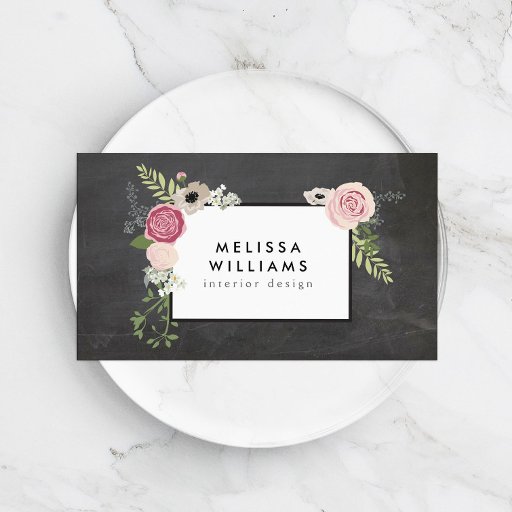 Customizable Vintage Modern Floral Motif on Chalkboard Designer Double-Sided Standard Business Cards (Pack Of 100)