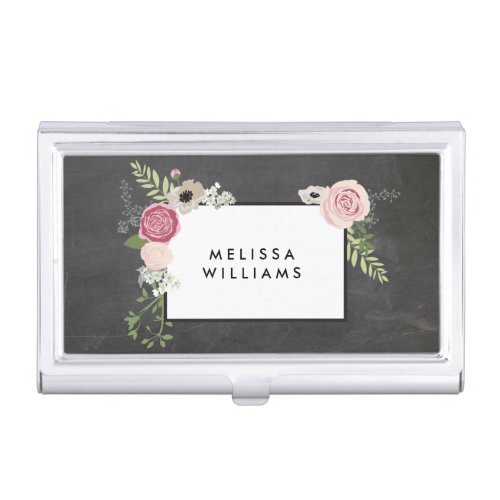 Vintage Modern Floral Motif on Chalkboard Designer Business Card Holder
