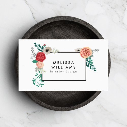 Vintage Modern Floral Motif on White Designer Business Cards