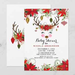 Vintage Modern Floral Reindeer Baby Shower Invitation