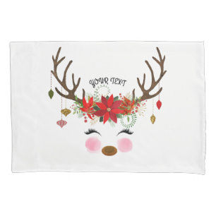 Vintage Modern Floral Reindeer Holiday Christmas Pillow Case
