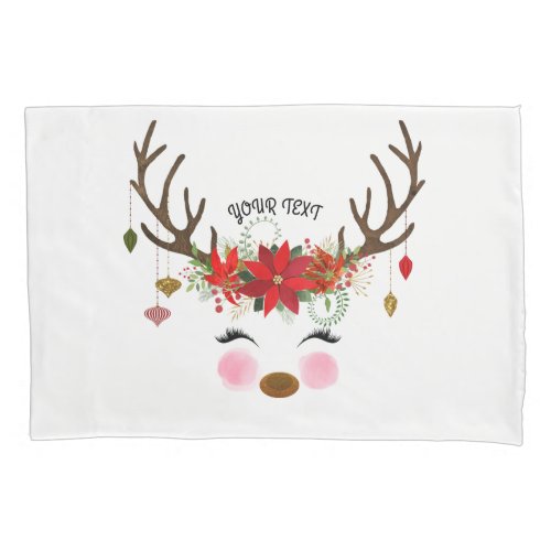 Vintage Modern Floral Reindeer Holiday Christmas Pillow Case